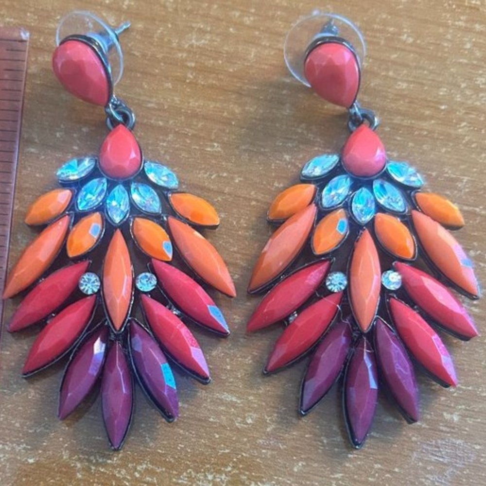 Fire and Ice Orange, Red, Cranberry, Rhinestone and Resin Earrings